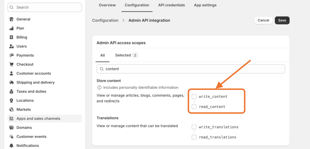 Shopify Admin API settings showing content access scopes for write and read permissions.